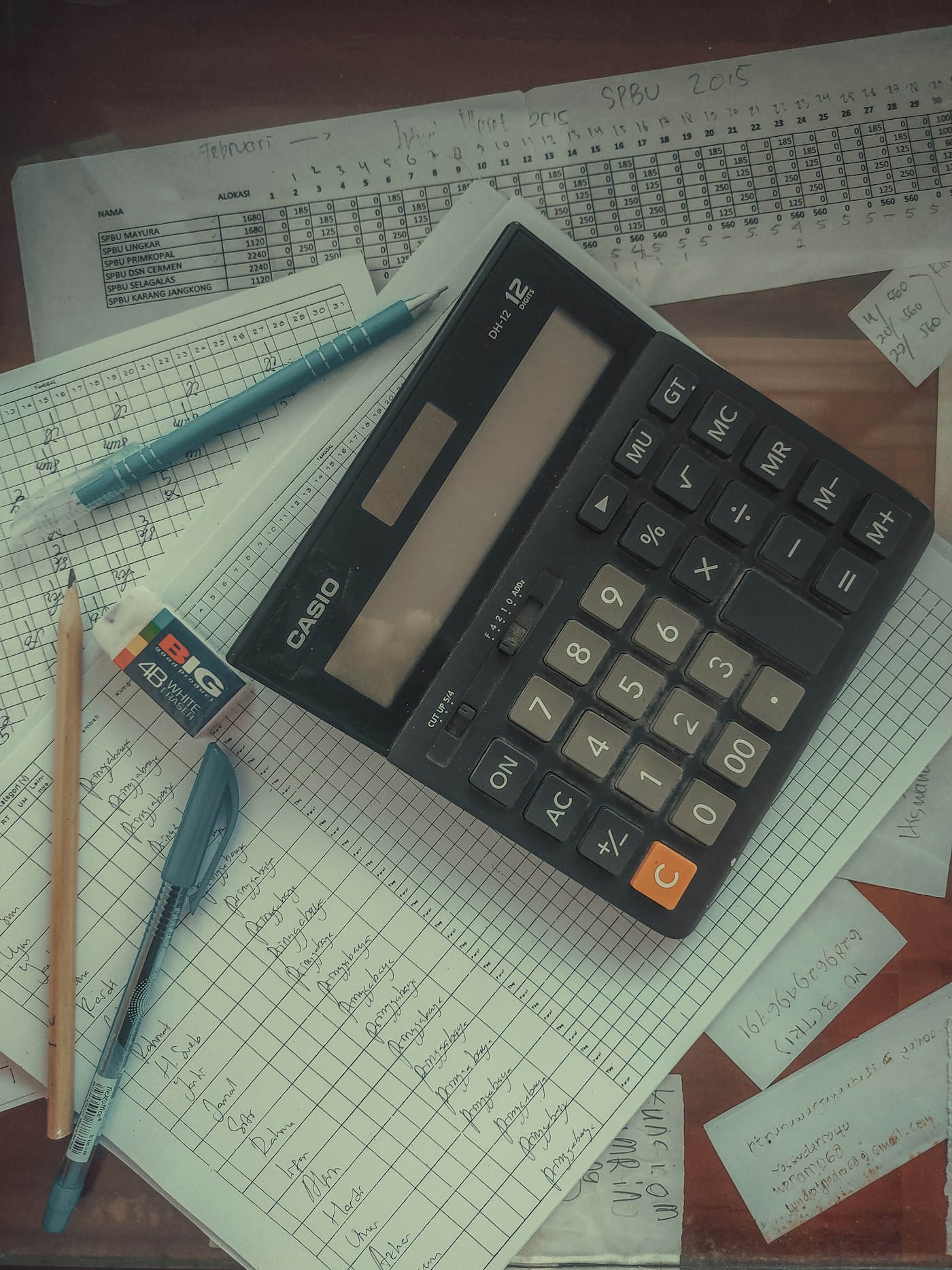 Calculadora sobre hojas contables de balance cuadriculadas